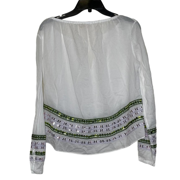 Tory Burch Blouse Size 2 White With Green Pink Sequin 100% Cotton LS Tasseled‎ - Picture 6 of 6